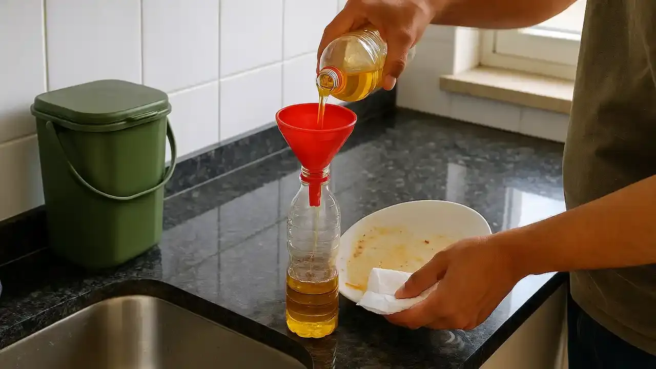 Na cozinha, pessoa coleta óleo usado em garrafa PET e usa peneira no ralo para evitar entupimentos.